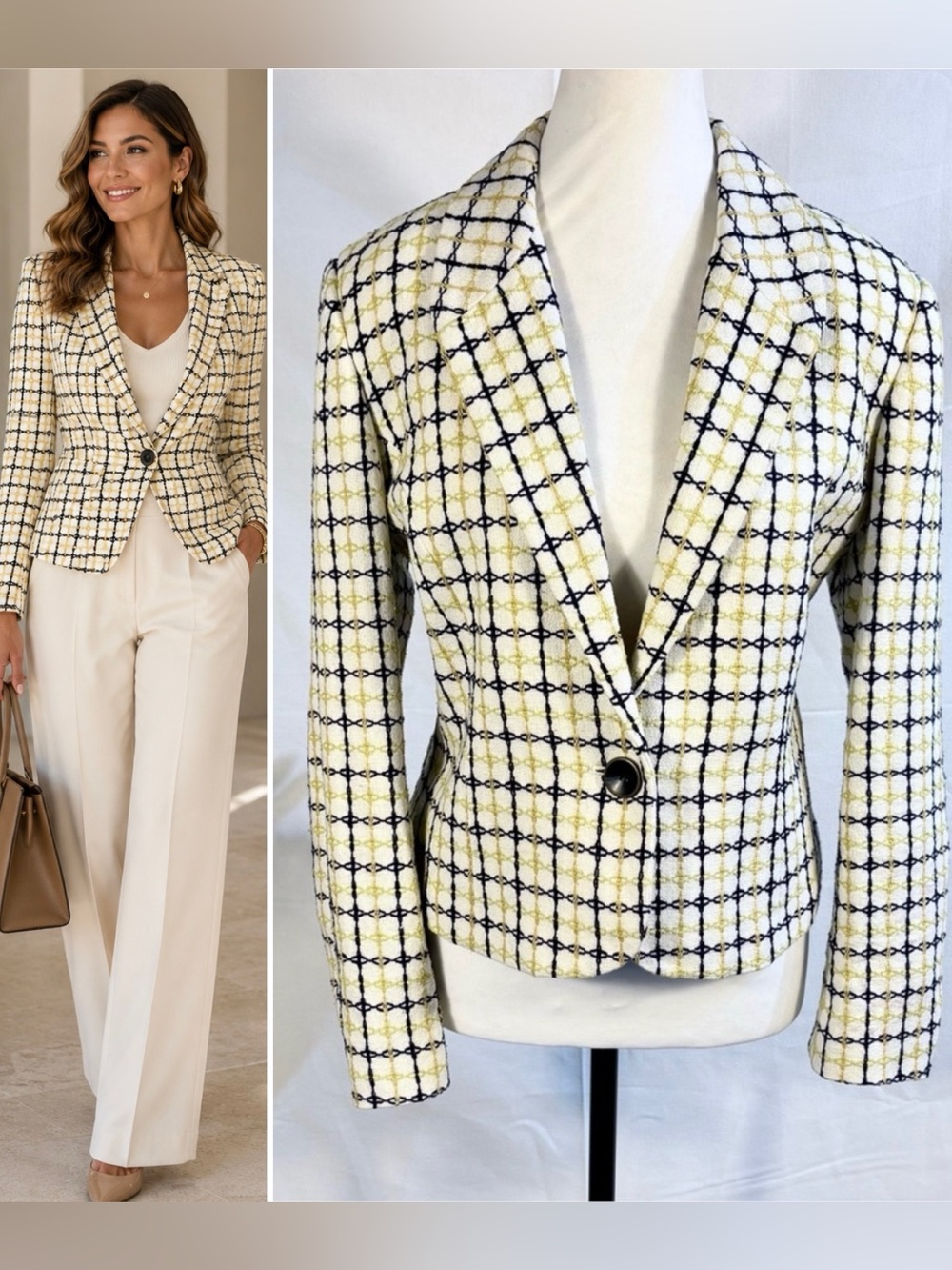 Pendleton Silk Cotton Textured Woven Plaid Blazer Yellow Black Sz 14P🧡